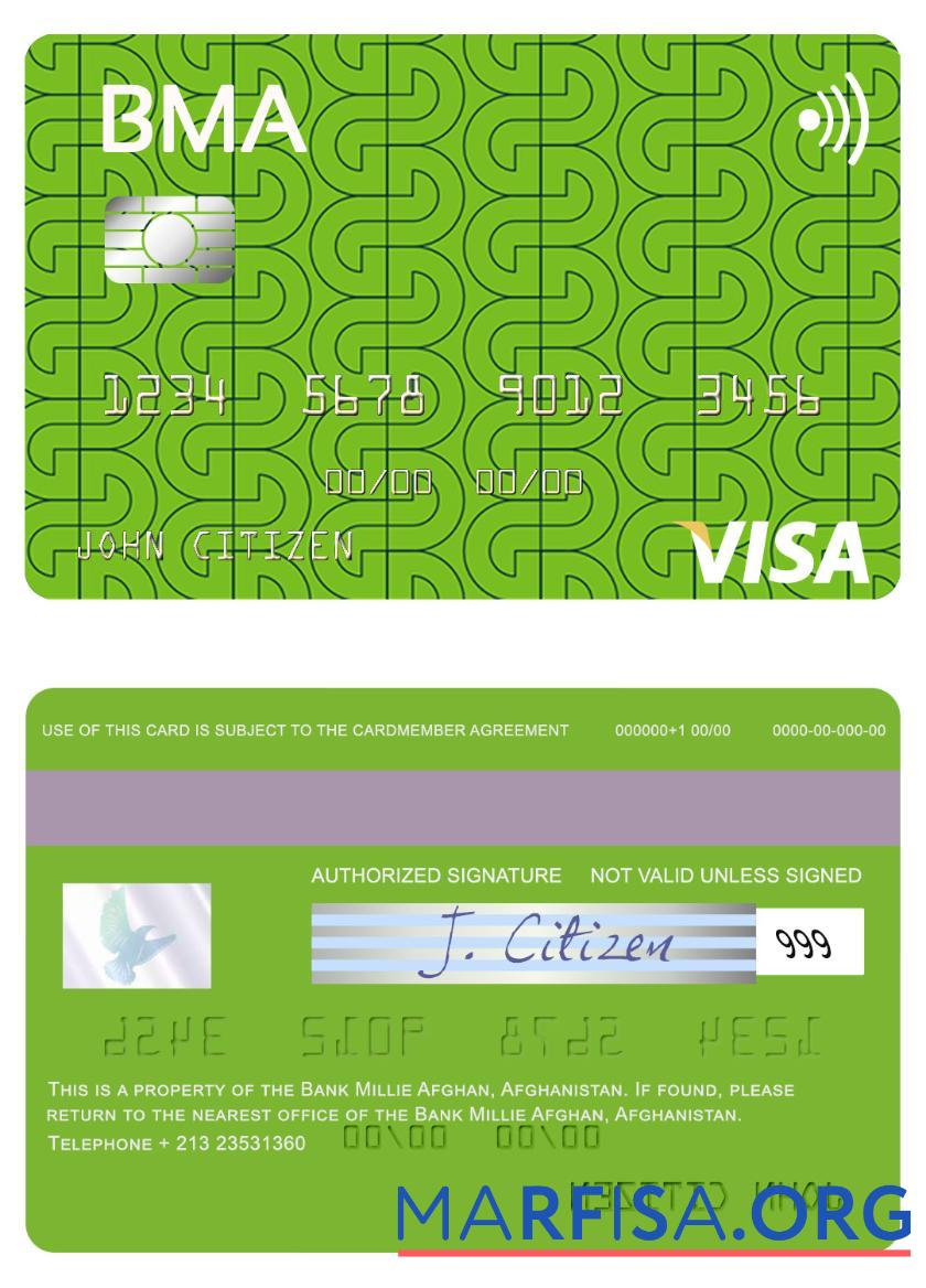 Downloadable Afghanistan Bank Millie Afghan visa card example